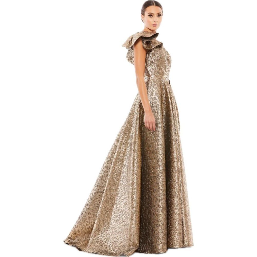 NWT Size Mac Duggal ONE-SHOULDER METALLIC BALLGOWN - Antique Bronze - Picture 2 of 16